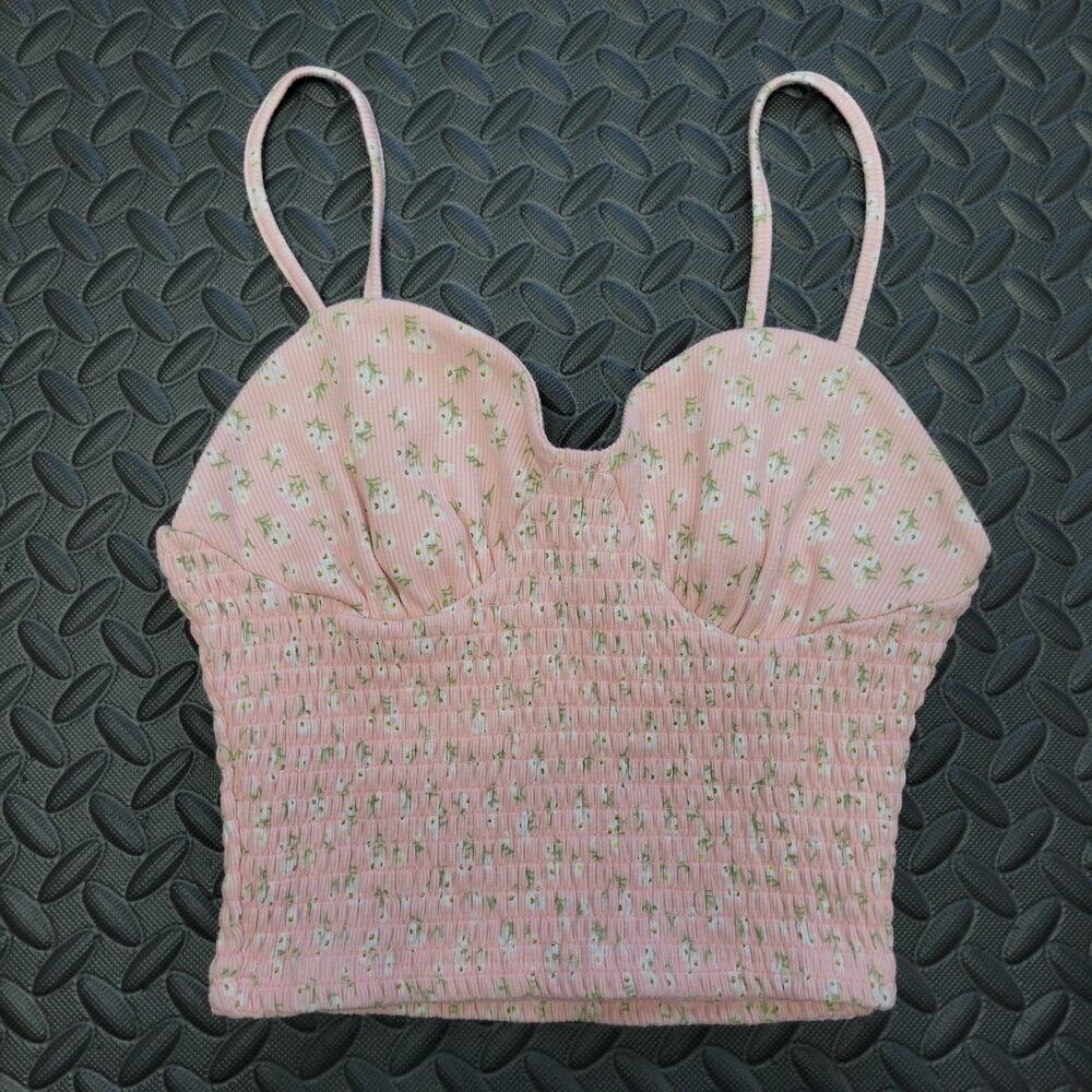 Forever 21 Pink Floral Smocked Crop Top Spaghetti Strap Small Cottagecore Fairy